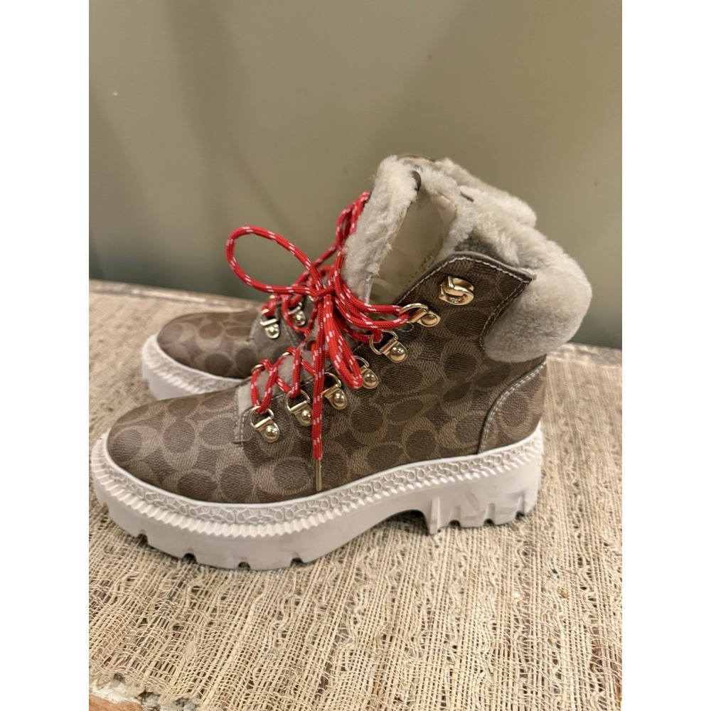 Coach Janel Signature Logo Print Shearling Accent Lug Sole Hiker Booties Sz-8.5 - Picture 7 of 14